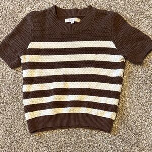 LOFT Chocolate and Cream Striped Crew Neck Sweater